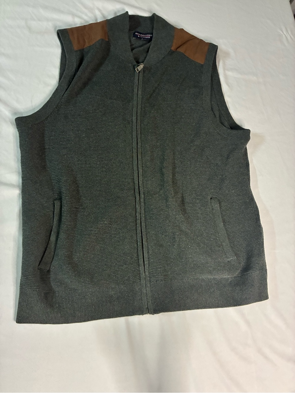 Men's gray Zip Sweater Vest with Brown Shoulder Accents
